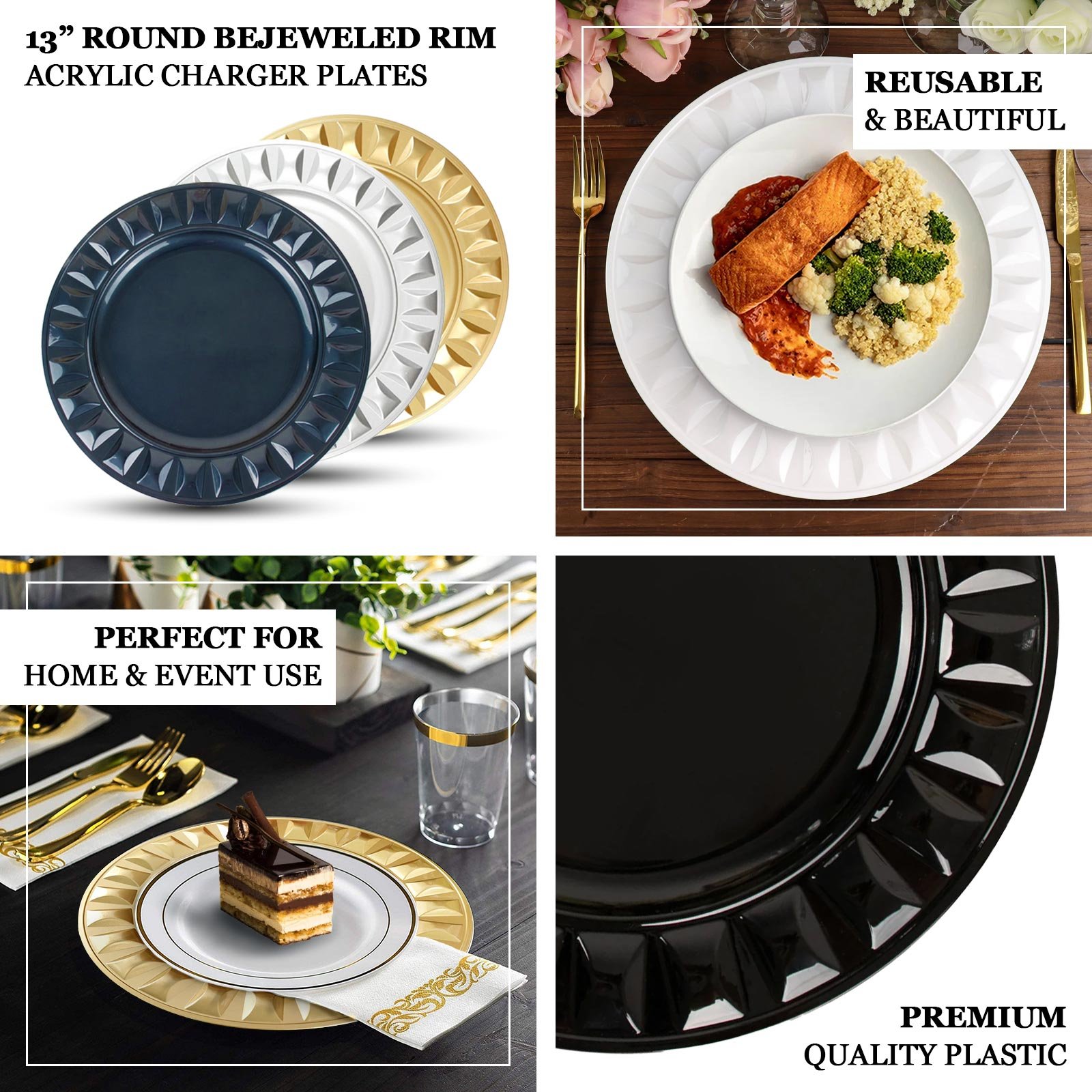 6-Pack Plastic Charger Plates 13" Round White Bejeweled Rim - Luxe Decorative Dinner Party Charger Tableware - Image 4