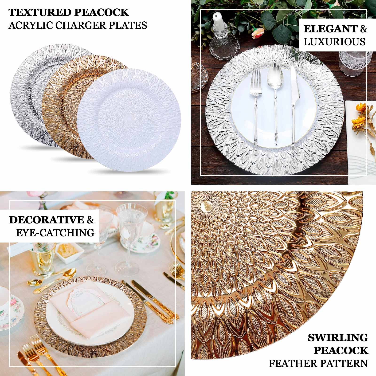6-Pack Plastic Charger Plates 13" Round Teal with Gold Embossed Peacock Pattern - Disposable Charger Tableware - Image 4