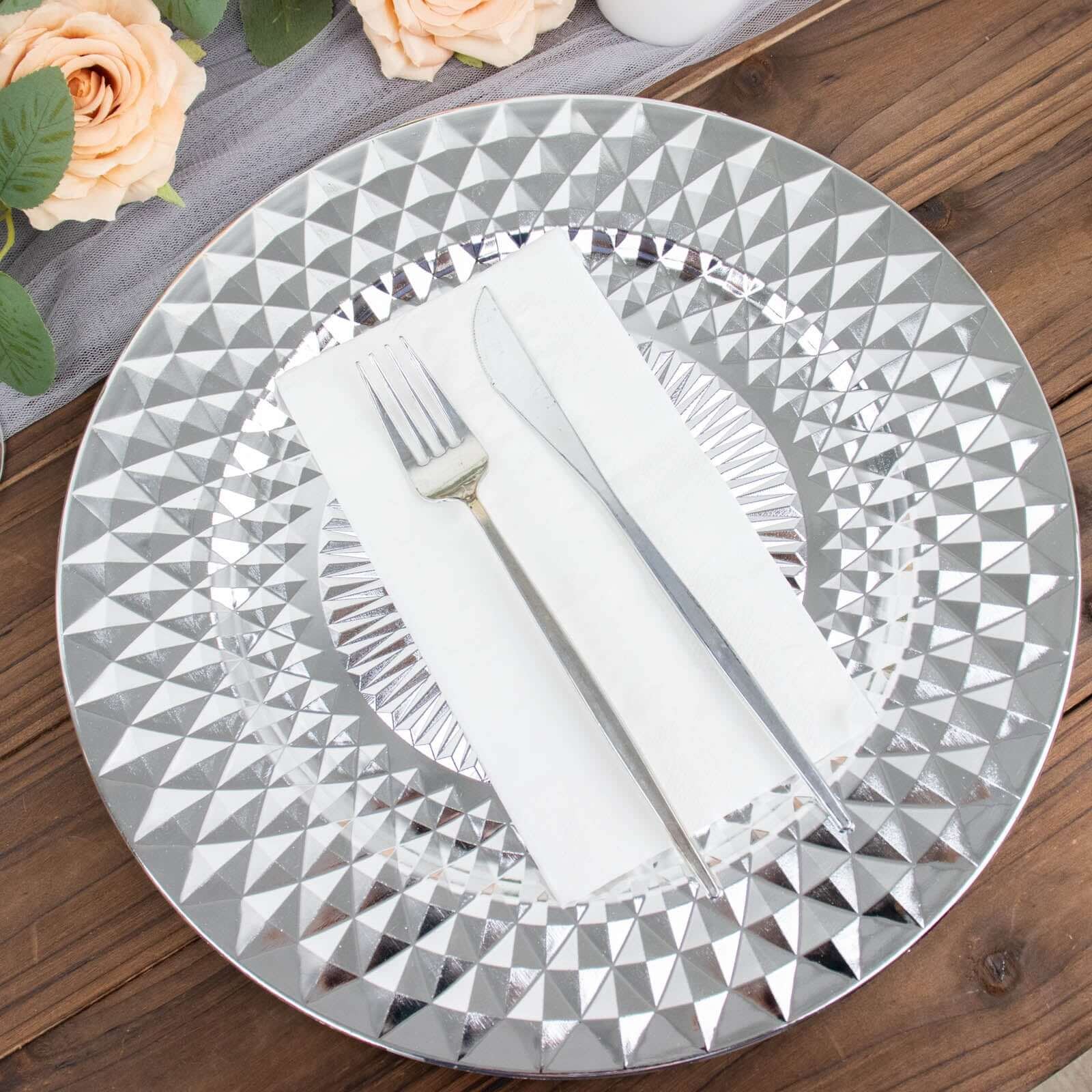 6-Pack Plastic Charger Plates 13" Round Silver Diamond Pattern - Sparkling Disposable Dinner Charger Tableware - Image 6