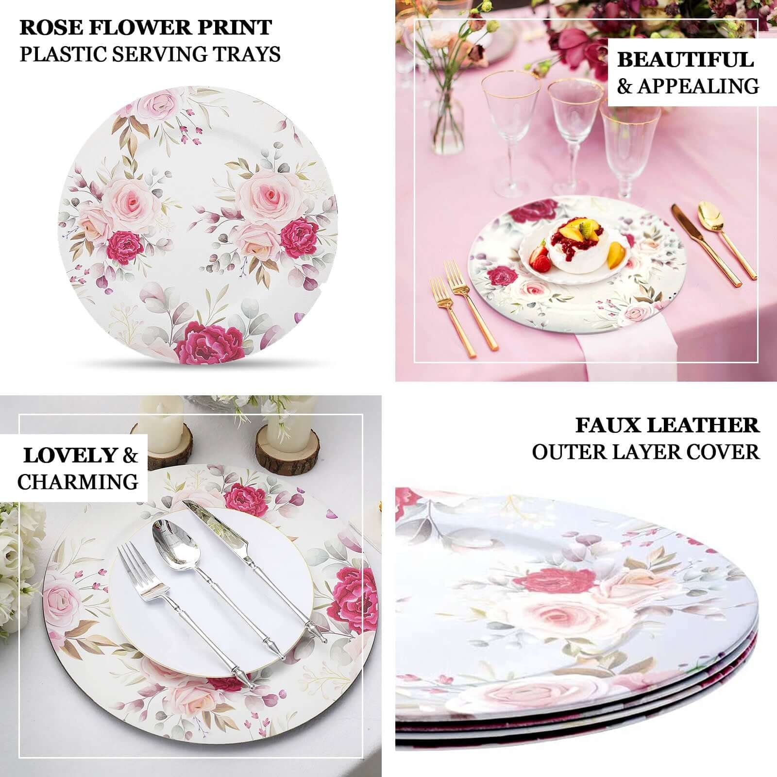 6-Pack Plastic Charger Plates 13" Round White with Assorted Rose Floral Print - Decorative Dinner Party Charger Tableware - Image 4