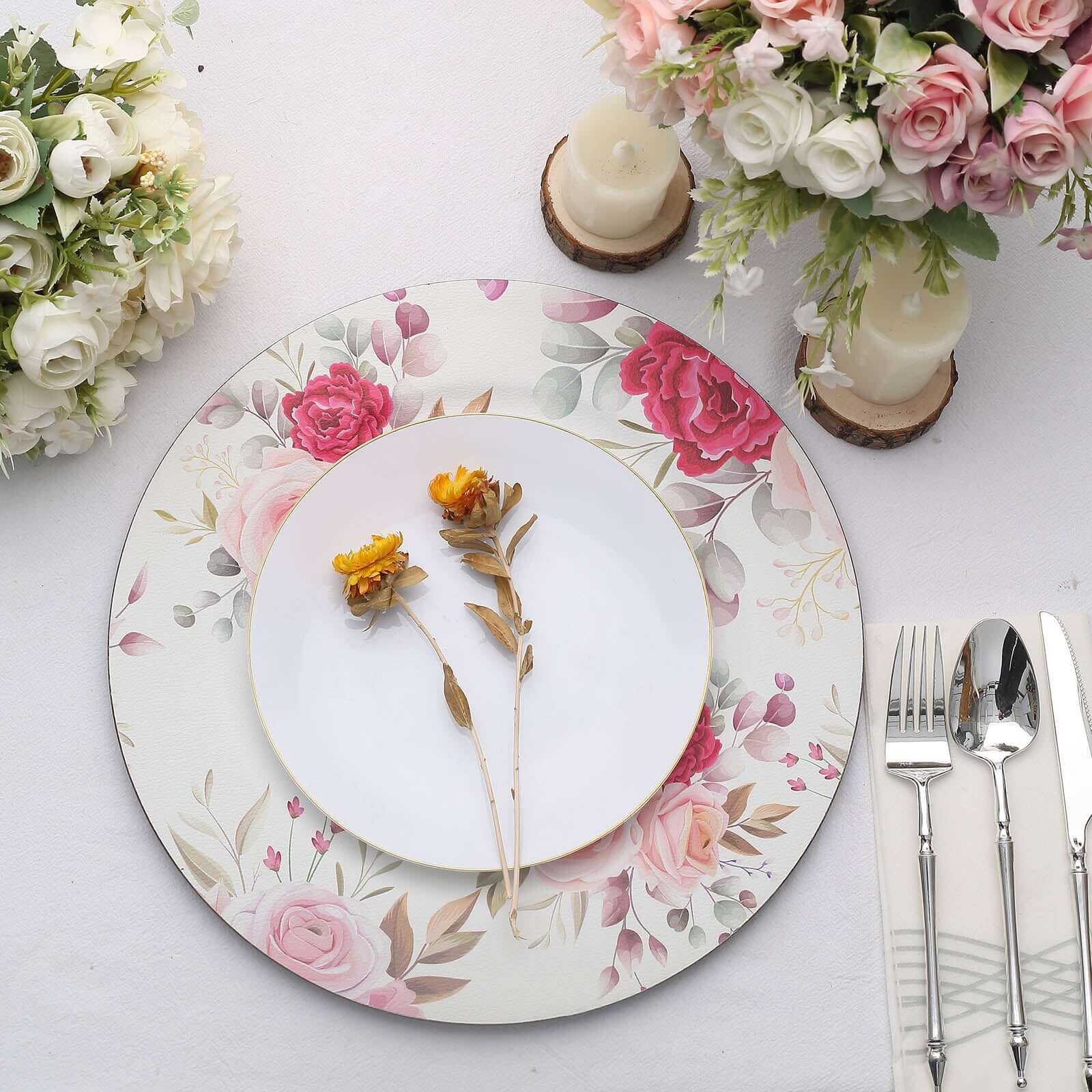 6-Pack Plastic Charger Plates 13" Round White with Assorted Rose Floral Print - Decorative Dinner Party Charger Tableware - Image 7