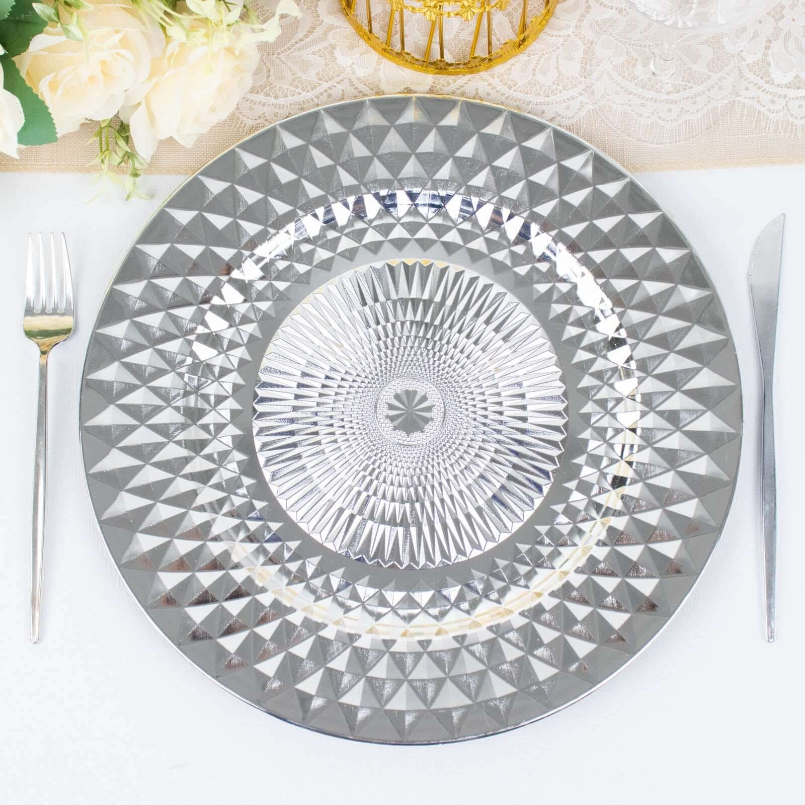 6-Pack Plastic Charger Plates 13" Round Silver Diamond Pattern - Sparkling Disposable Dinner Charger Tableware - Image 9