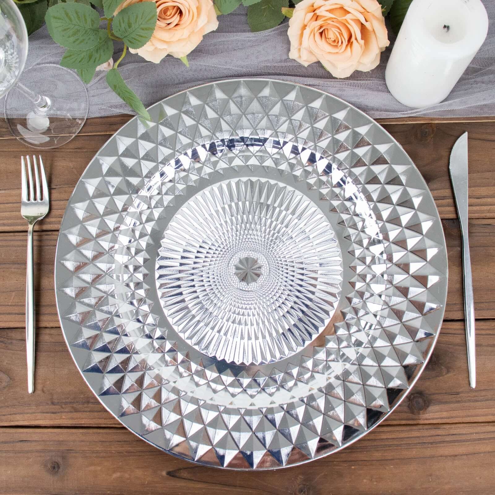 6-Pack Plastic Charger Plates 13" Round Silver Diamond Pattern - Sparkling Disposable Dinner Charger Tableware - Image 5
